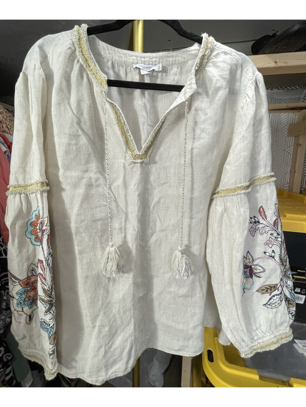 Chico's Linen Floral Embroidered Blouse Women's Sz 3 (16) Beige Tassel Top Boho